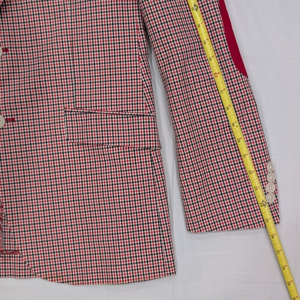 Adolfo Blazer 38R Cotton Crimson Red Gingham Summer Breeze Paisley Elbow Patches - Picture 8 of 15